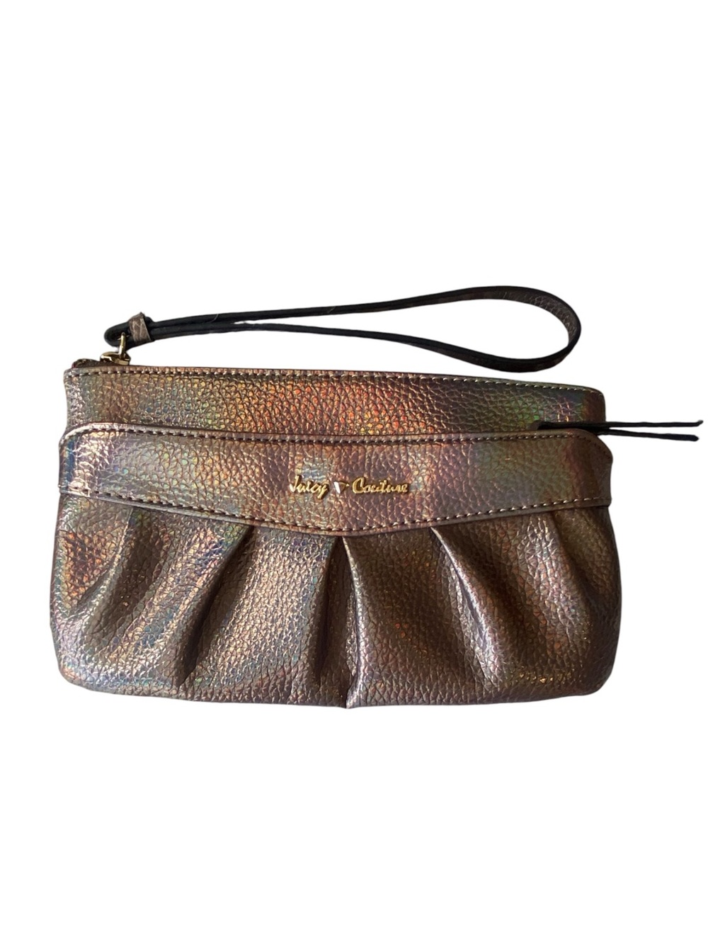 Juicy Couture Iridescent Pleated Zip Clutch Wristlet Metallic Rainbow PVC